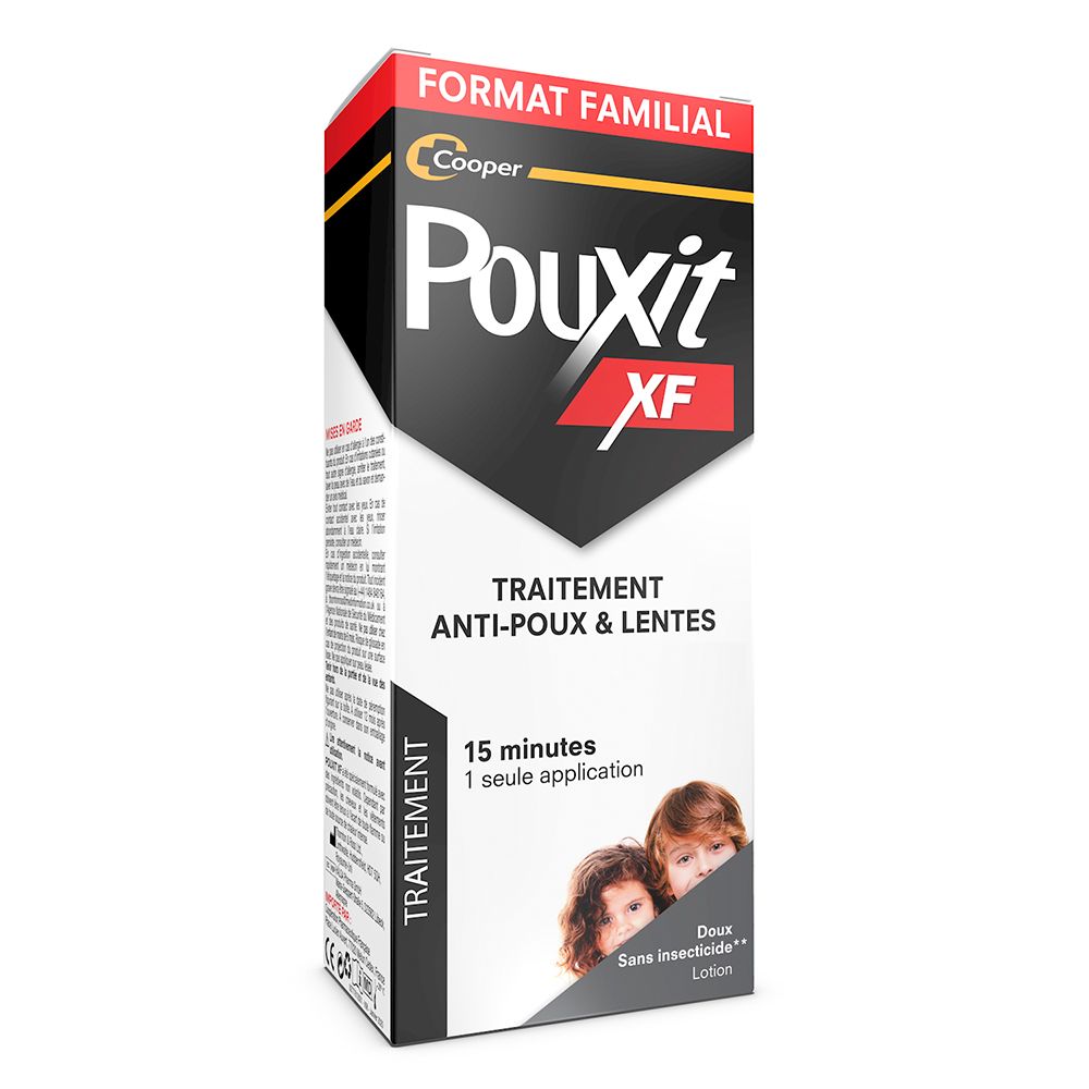 Pouxit XF-verpakking. Zwarte en witte verpakking met rode tekst. Anti-luizenbehandeling. Familieformaat.