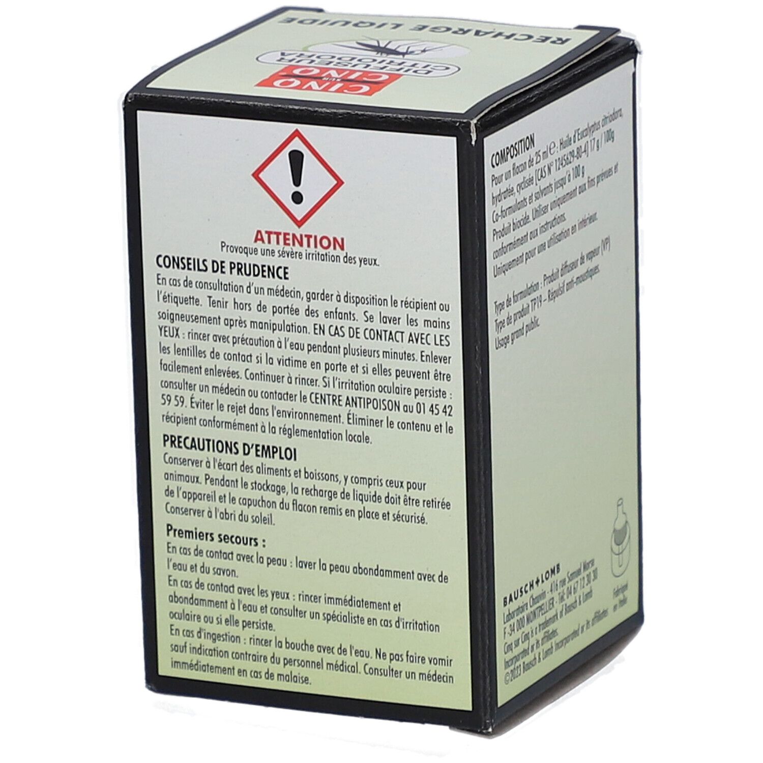 Kartonnen doos met waarschuwingen. Bevat tekst over voorzorgsmaatregelen en eerste hulp. Toont een uitroepteken.