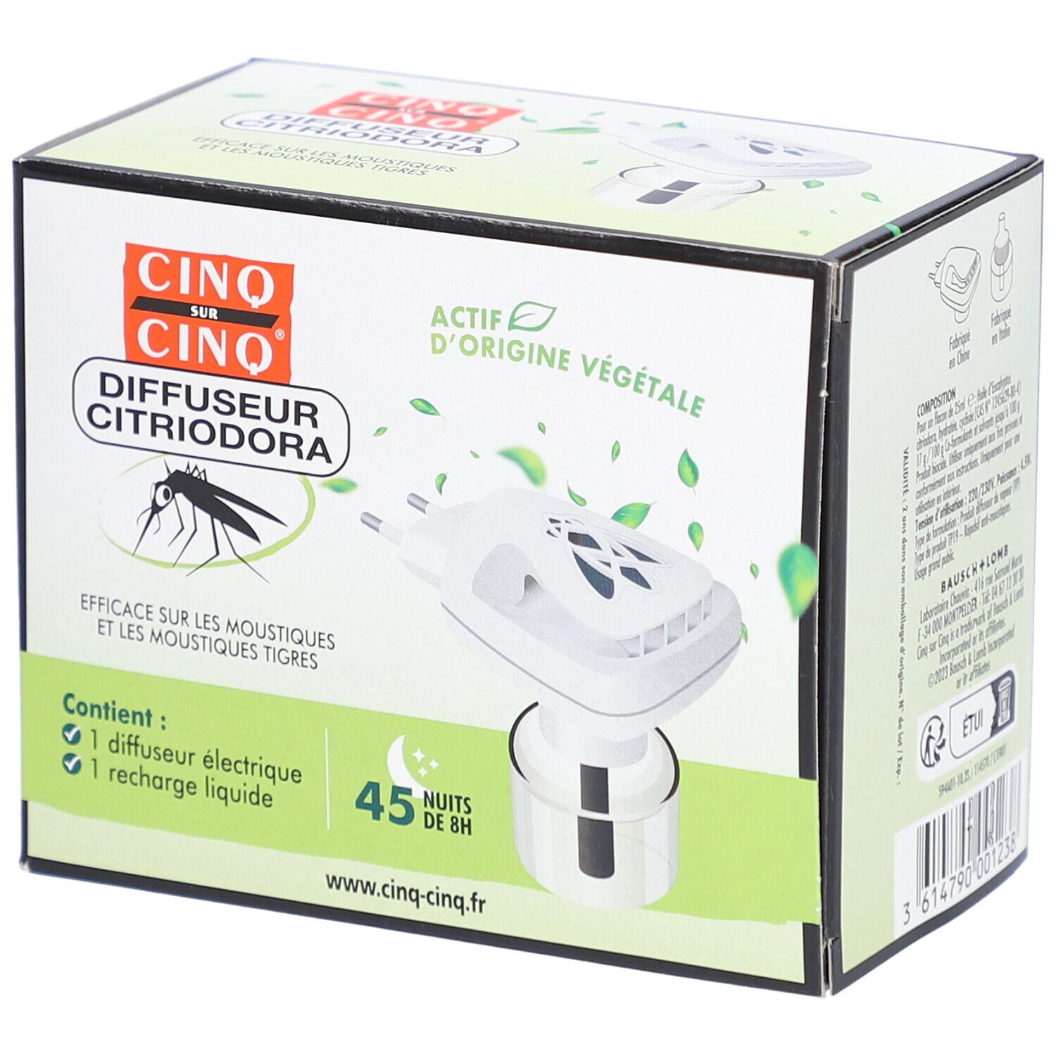 Boîte de CINQ SUR CINQ Diffuseur Citriodora. Contient diffuseur électrique et recharge. Illustration d'un moustique.