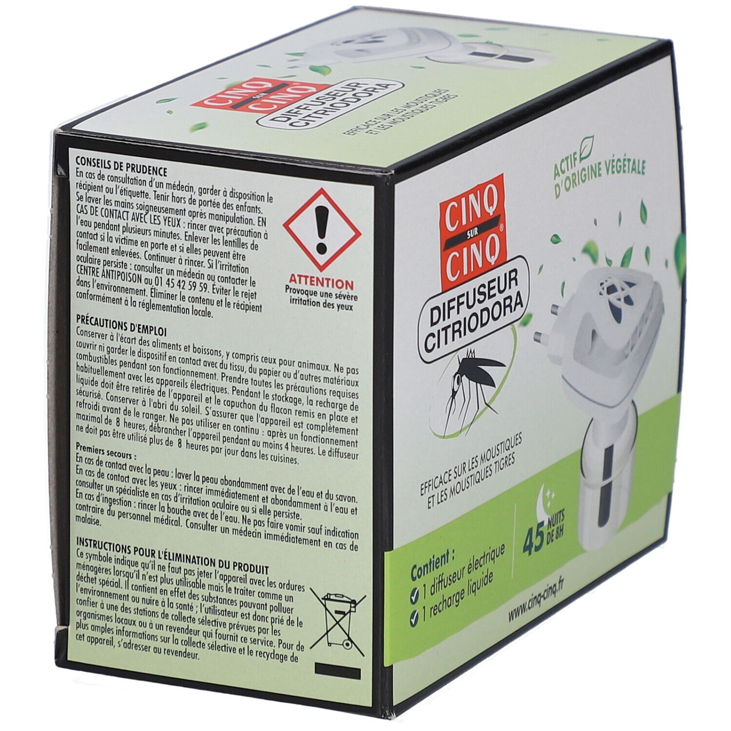 Boîte de CINQ SUR CINQ Diffuseur Citriodora. Avertissements et instructions. Vue du produit.