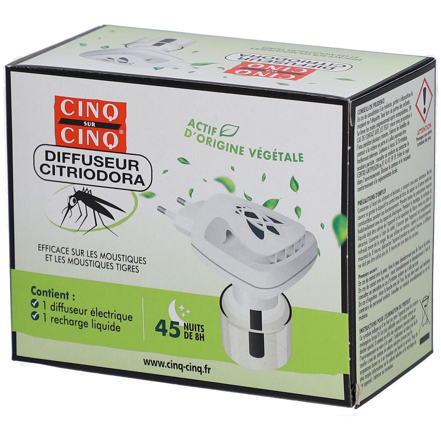 Boîte de CINQ SUR CINQ Diffuseur Citriodora. Contient diffuseur électrique et recharge. Illustration d'un moustique.