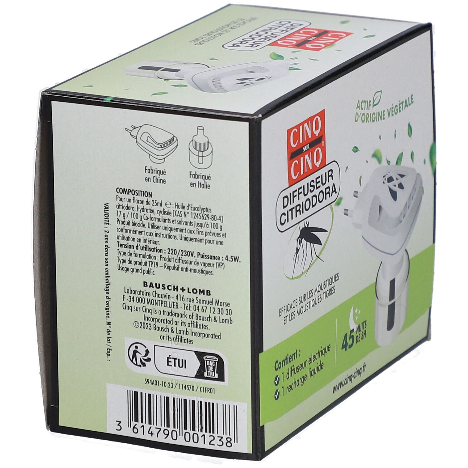 Boîte de CINQ SUR CINQ Diffuseur Citriodora. Informations sur la composition. Vue du produit.