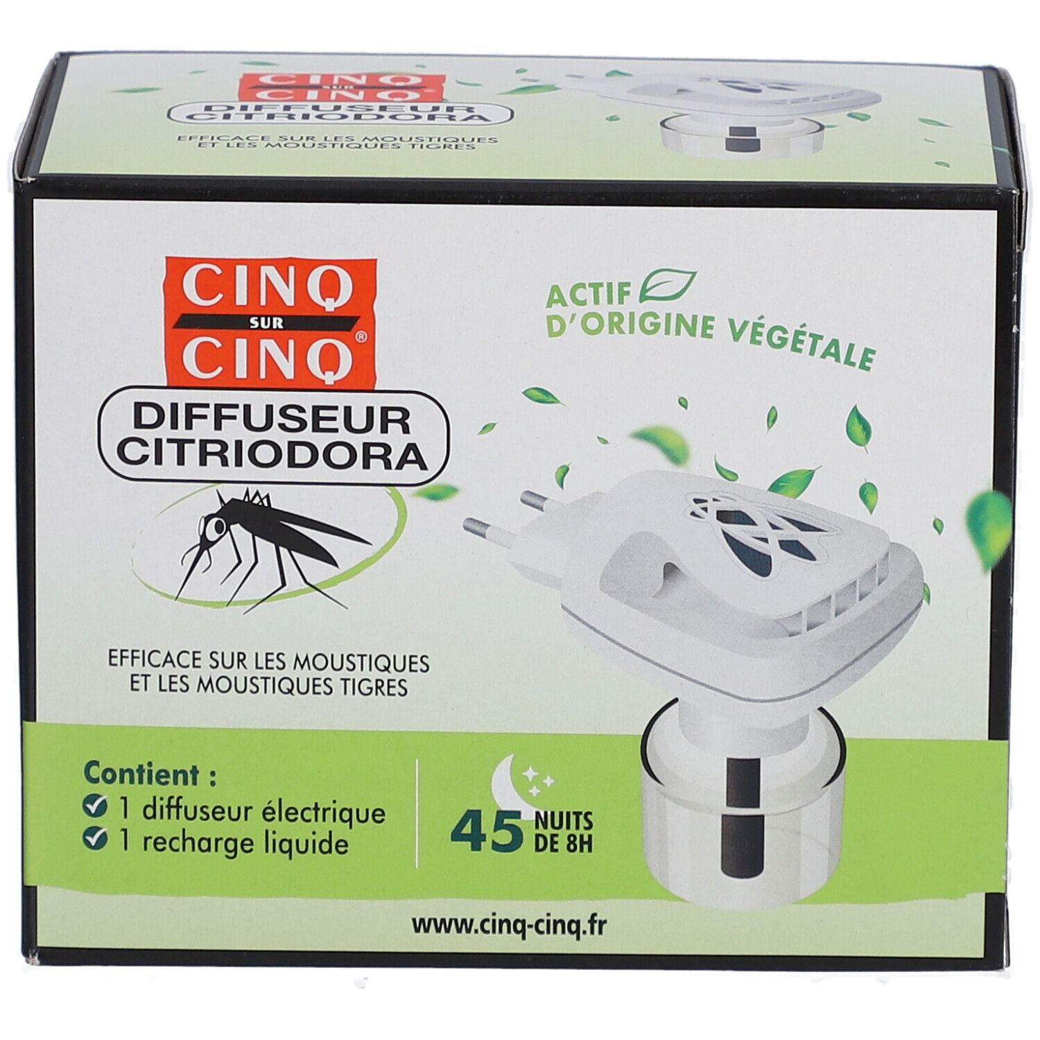 Boîte de CINQ SUR CINQ Diffuseur Citriodora. Contient diffuseur électrique et recharge. Illustration d'un moustique.