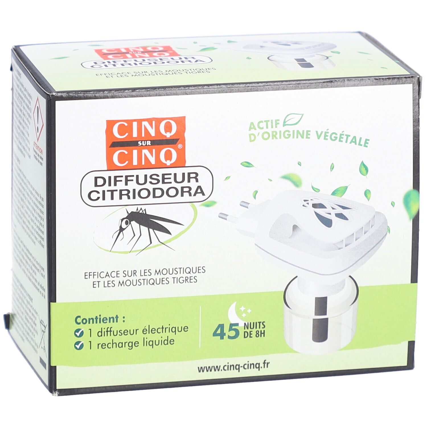Boîte de CINQ SUR CINQ Diffuseur Citriodora. Contient diffuseur électrique et recharge. Illustration d'un moustique.
