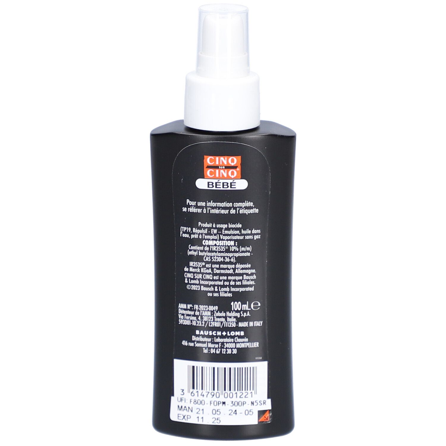Flacon noir avec pompe blanche. Dos avec texte et code-barres. "CINQ SUR CINQ BÉBÉ" et "100ml".