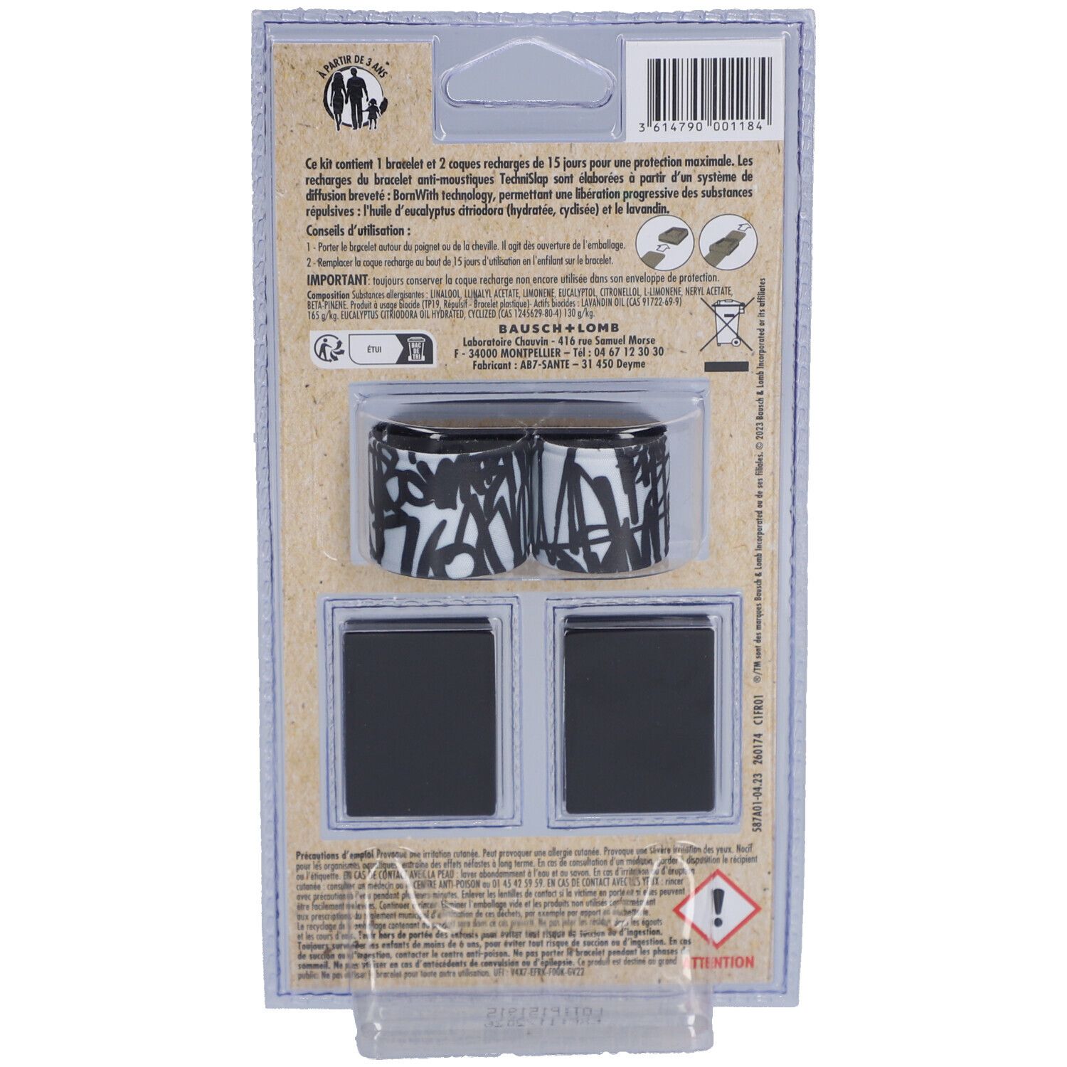 Achterkant verpakking armband Anti-Moustiques Grafiti Noir. Toont armband en twee navullingen.