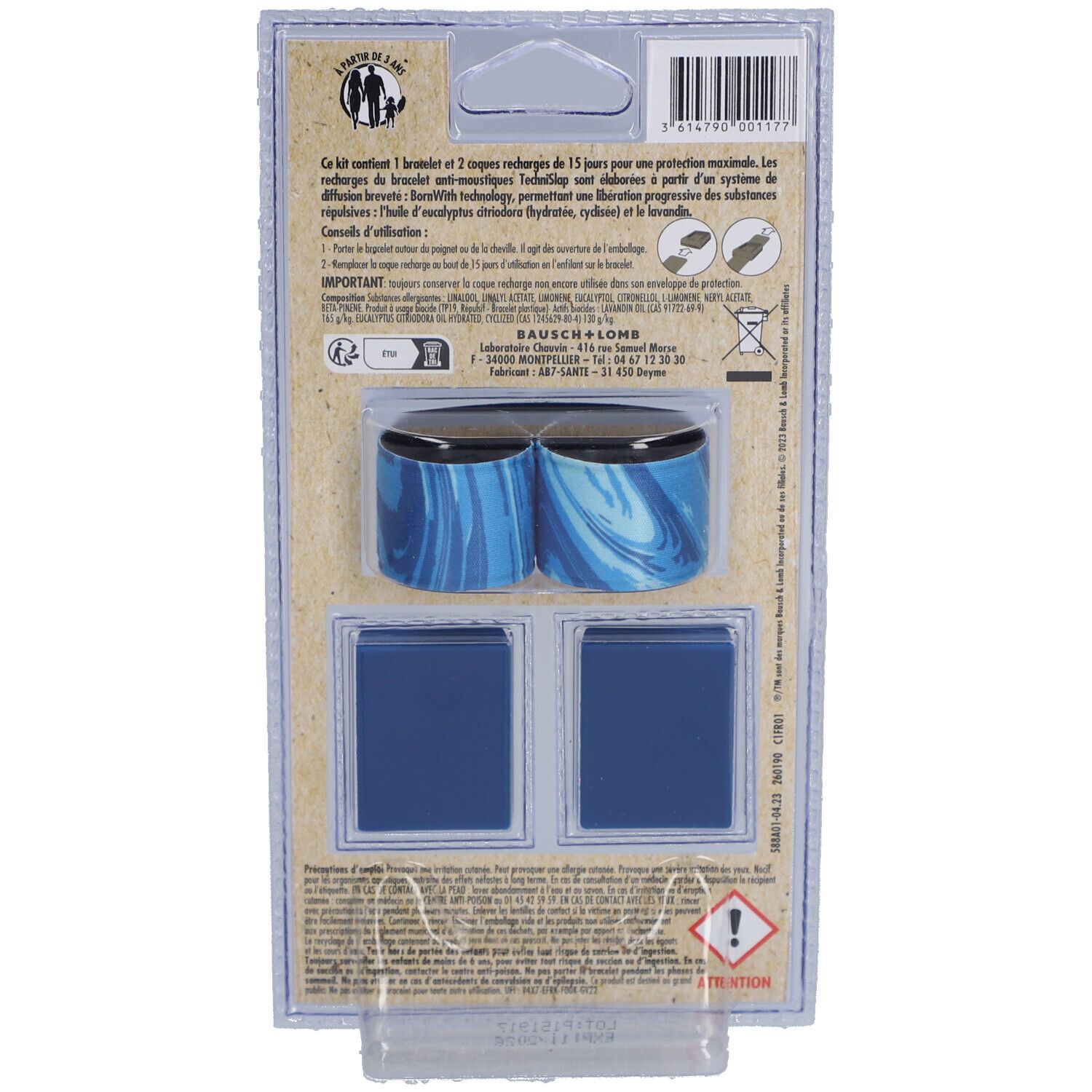 Dos de l'emballage. Contient un bracelet et deux recharges. Instructions d'utilisation.