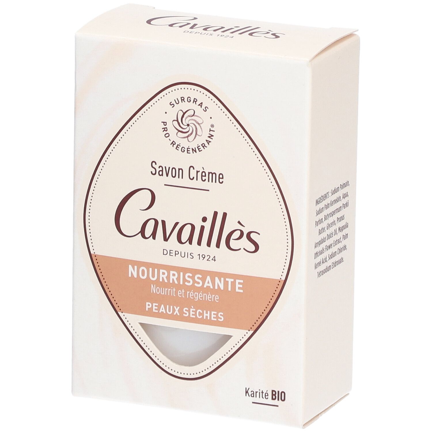 Cavaillès Crèmezeep in kartonnen verpakking. Opschrift: Savon Crème, Nourrissante, Peaux Sèches. Karité BIO logo.