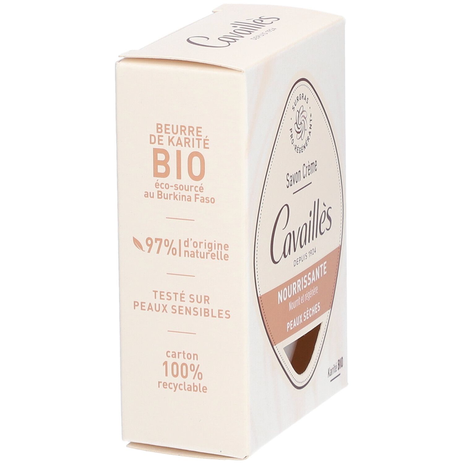 Kartonnen verpakking Cavaillès zeep. Opschrift: Beurre de Karité BIO, 97% natuurlijke ingrediënten, 100% recyclebaar.
