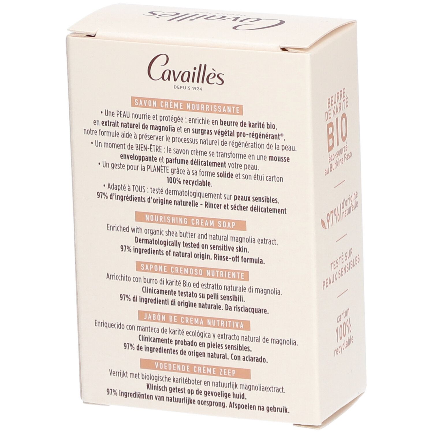 Achterkant verpakking Cavaillès zeep. Meertalige tekst. Beurre de Karité BIO, 97% natuurlijke ingrediënten.
