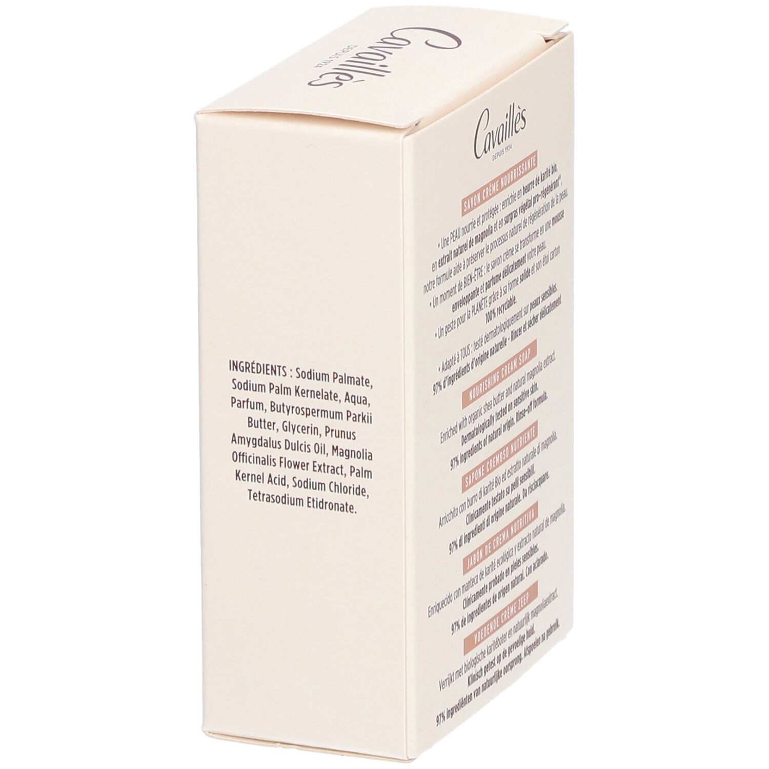 Zijkant verpakking Cavaillès zeep. Ingrediëntenlijst. Meertalige tekst.