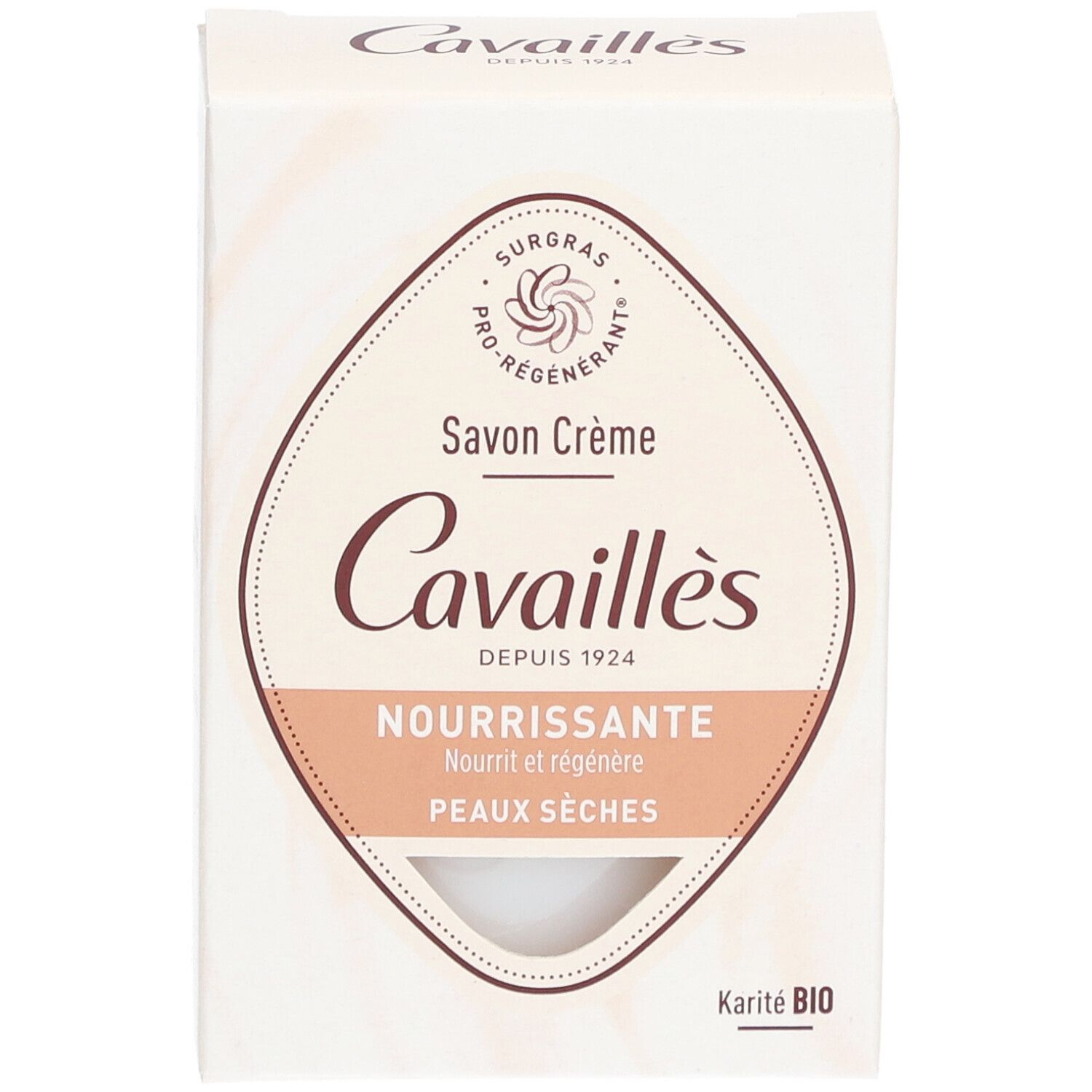 Cavaillès Crèmezeep in kartonnen verpakking. Opschrift: Savon Crème, Nourrissante, Peaux Sèches. Karité BIO logo.