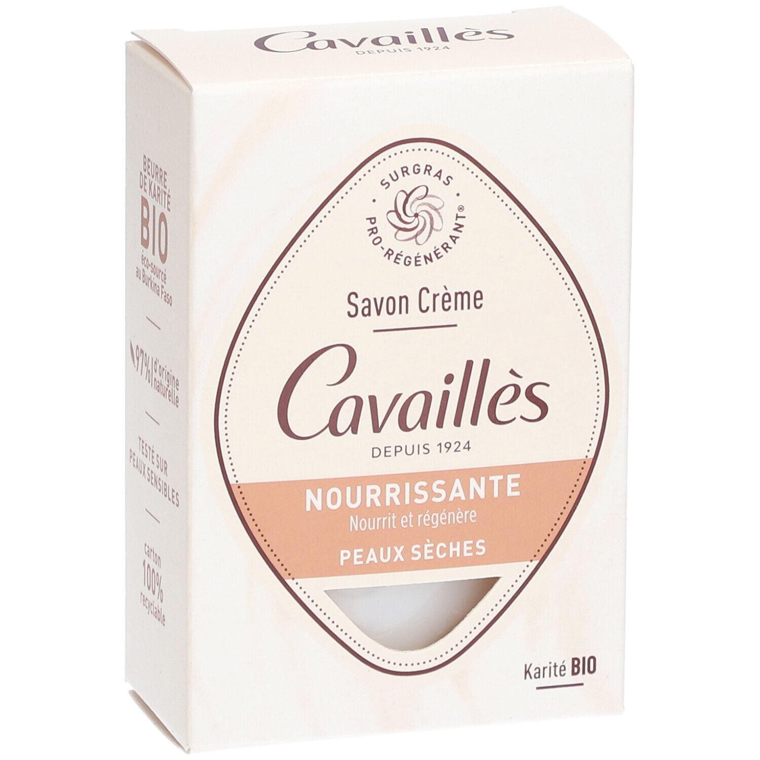 Cavaillès Crèmezeep in kartonnen verpakking. Opschrift: Savon Crème, Nourrissante, Peaux Sèches. Karité BIO logo.