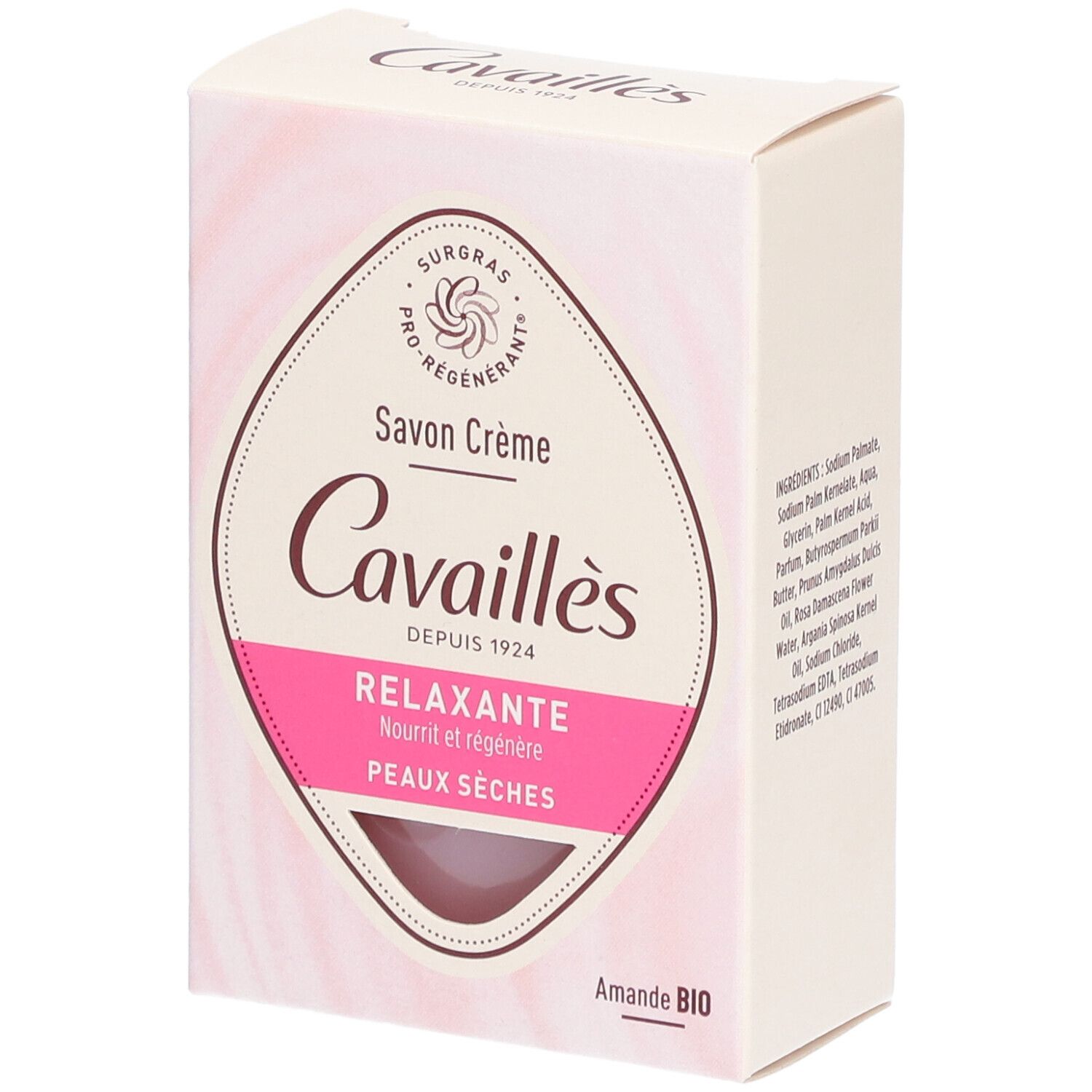 Boîte de savon crème. Design rose et blanc avec nom et logo du produit. Texte: Relaxante, Peaux sèches.