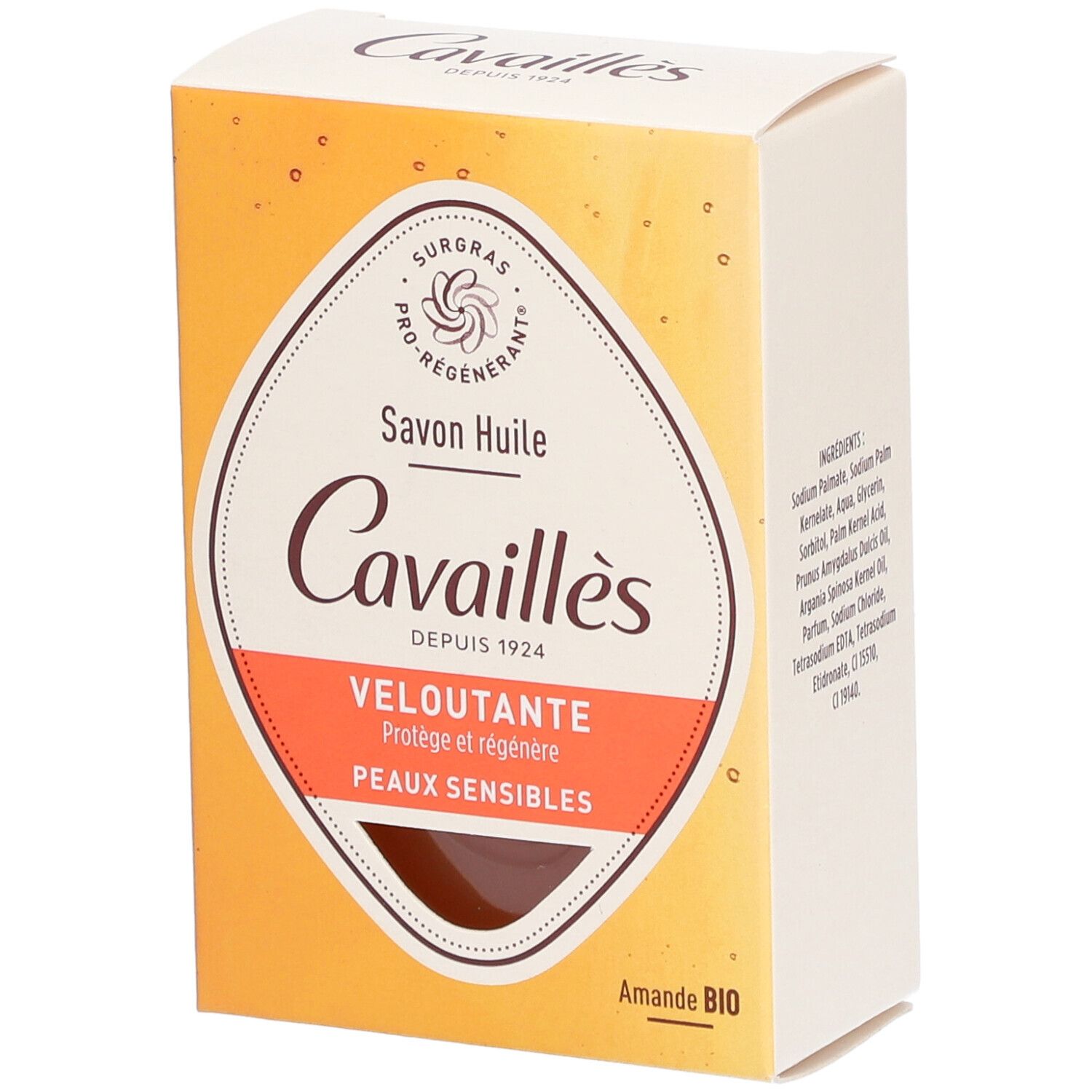 Boîte en carton avec informations produit. Inscriptions: Cavaillès, Savon Huile, Veloutante, Peaux sensibles.