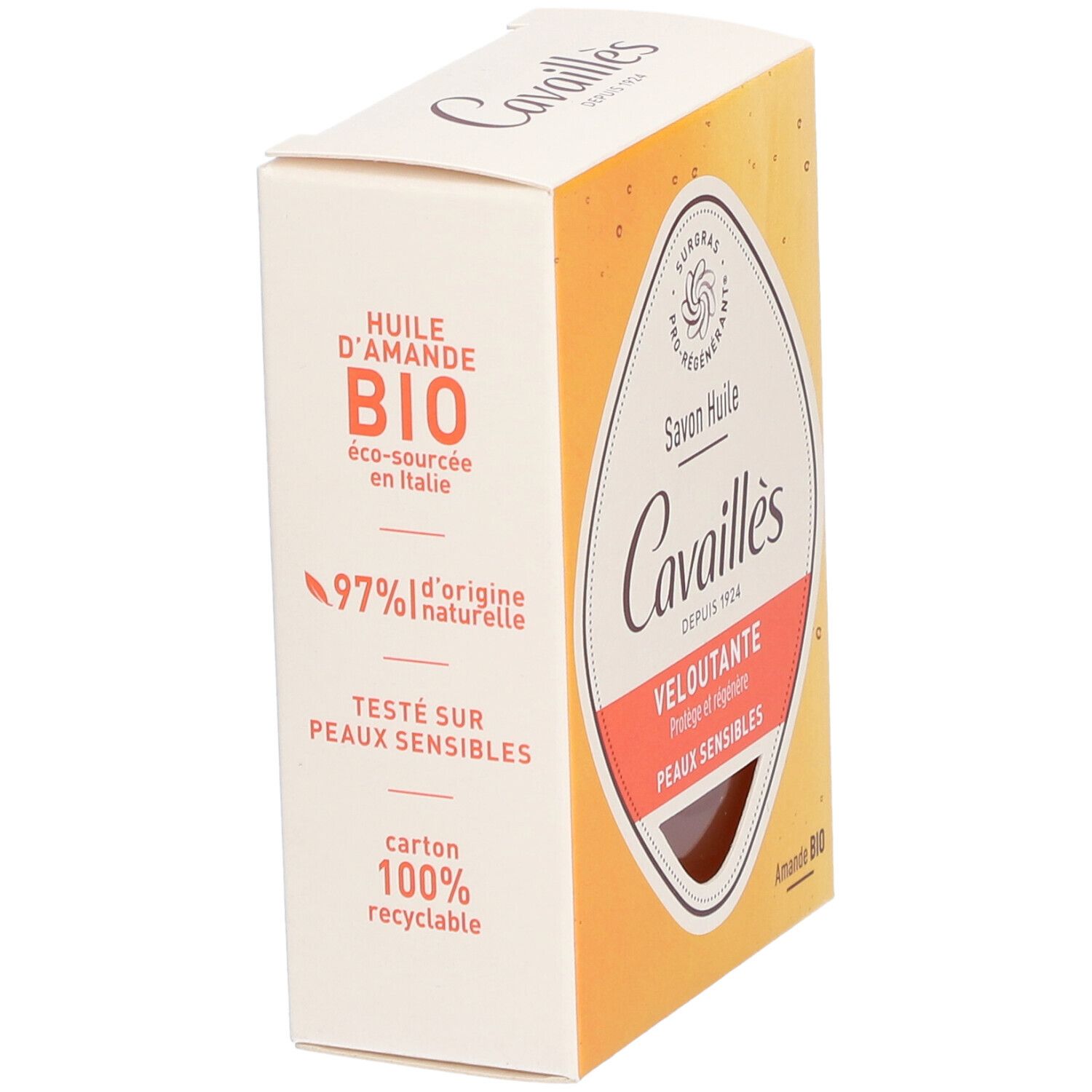 Vue latérale de la boîte en carton. Inscriptions: Huile d'Amande BIO, 97% d'origine naturelle, Testé sur peaux sensibles.