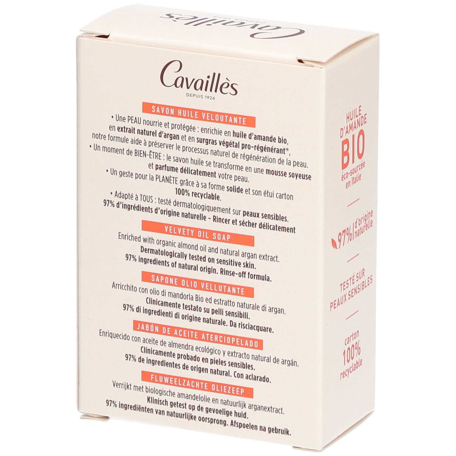 Boîte en carton avec texte. Informations produit multilingues. Inscriptions: Savon Huile Veloutante, 100% recyclable.