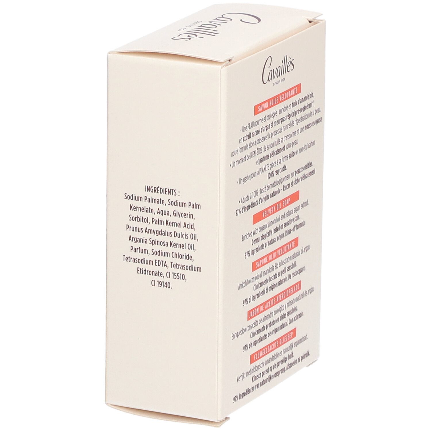 Boîte en carton avec ingrédients. Inscriptions: Ingrédients, Sodium Palmate, Sodium Palm Kernelate, Aqua.