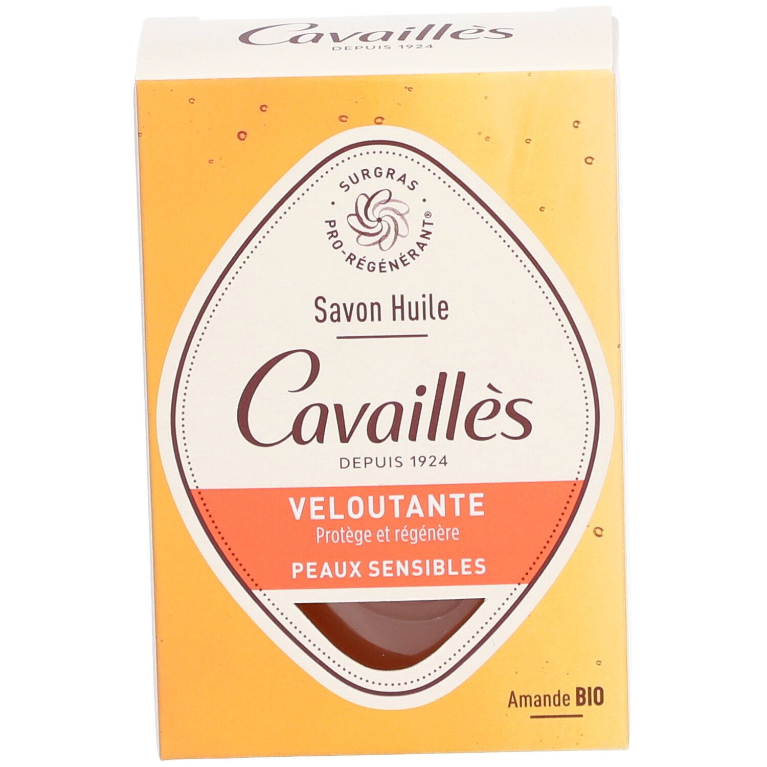 Vue de dessus de la boîte en carton. Inscriptions: Cavaillès, Savon Huile, Veloutante, Peaux sensibles, Amande BIO.