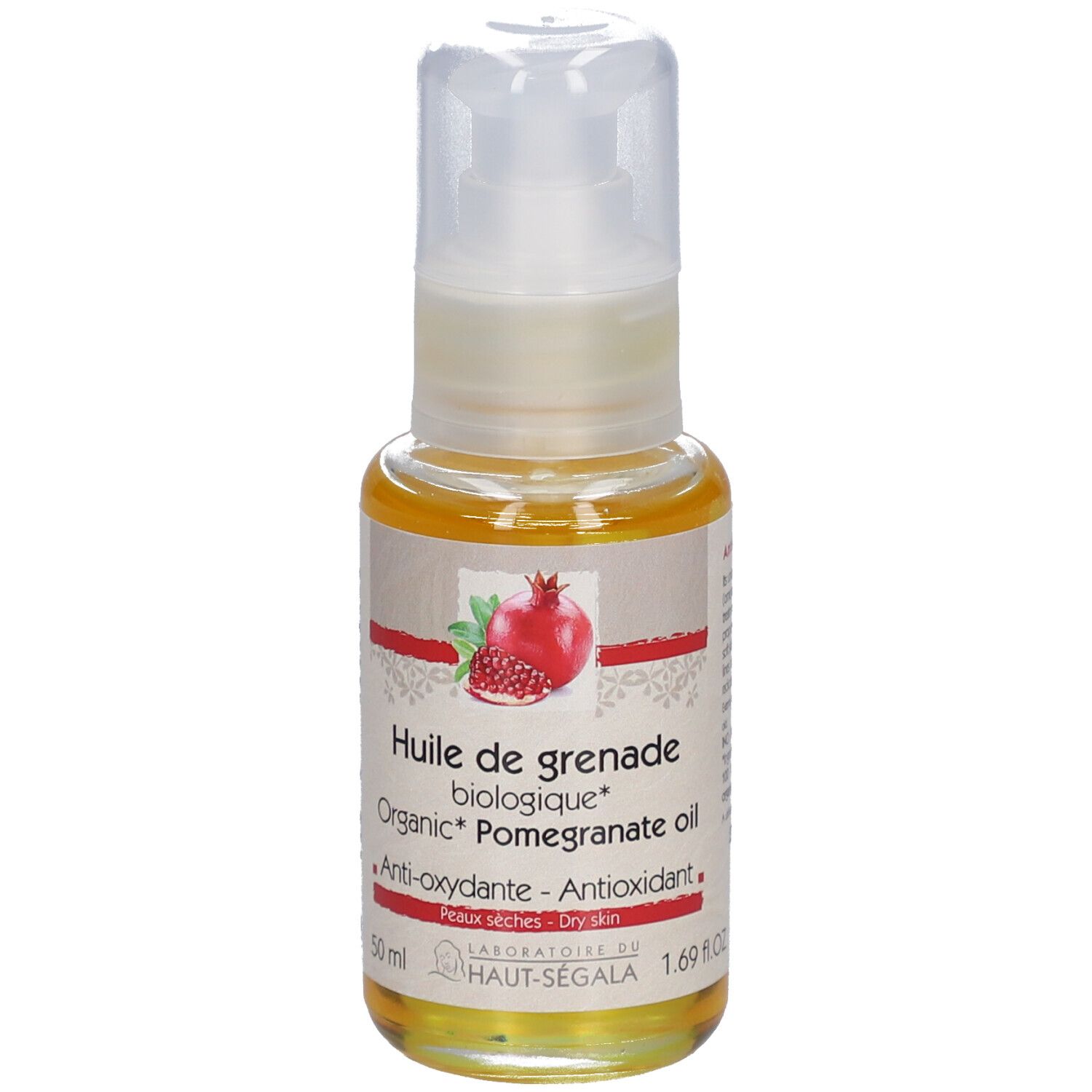Fles granaatappelolie. Opschrift: Huile de grenade biologique, Anti-oxydante, Peaux sèches. Bio-label. 50 ml.