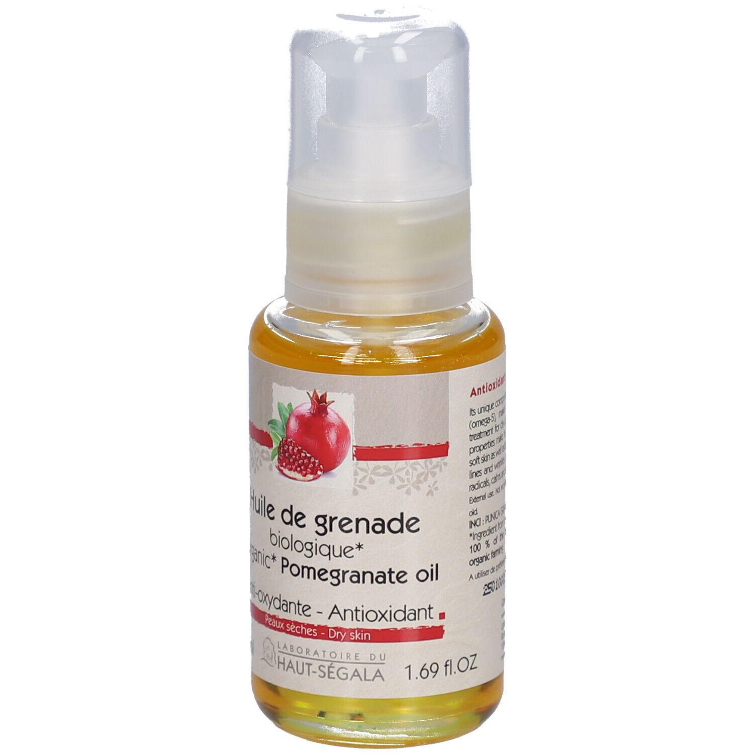 Fles granaatappelolie. Opschrift: Huile de grenade biologique, Anti-oxydante, Peaux sèches. 1.69 fl.oz.