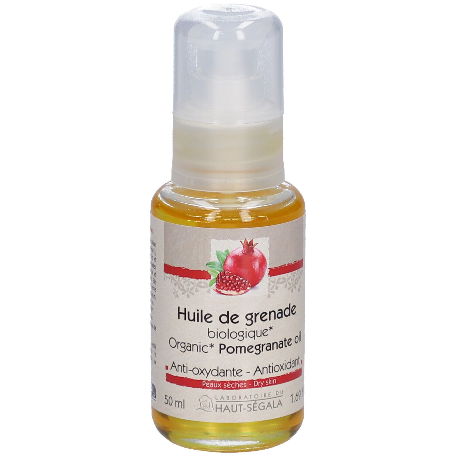 Fles granaatappelolie. Opschrift: Huile de grenade biologique, Anti-oxydante, Peaux sèches. 1.69 fl.oz.