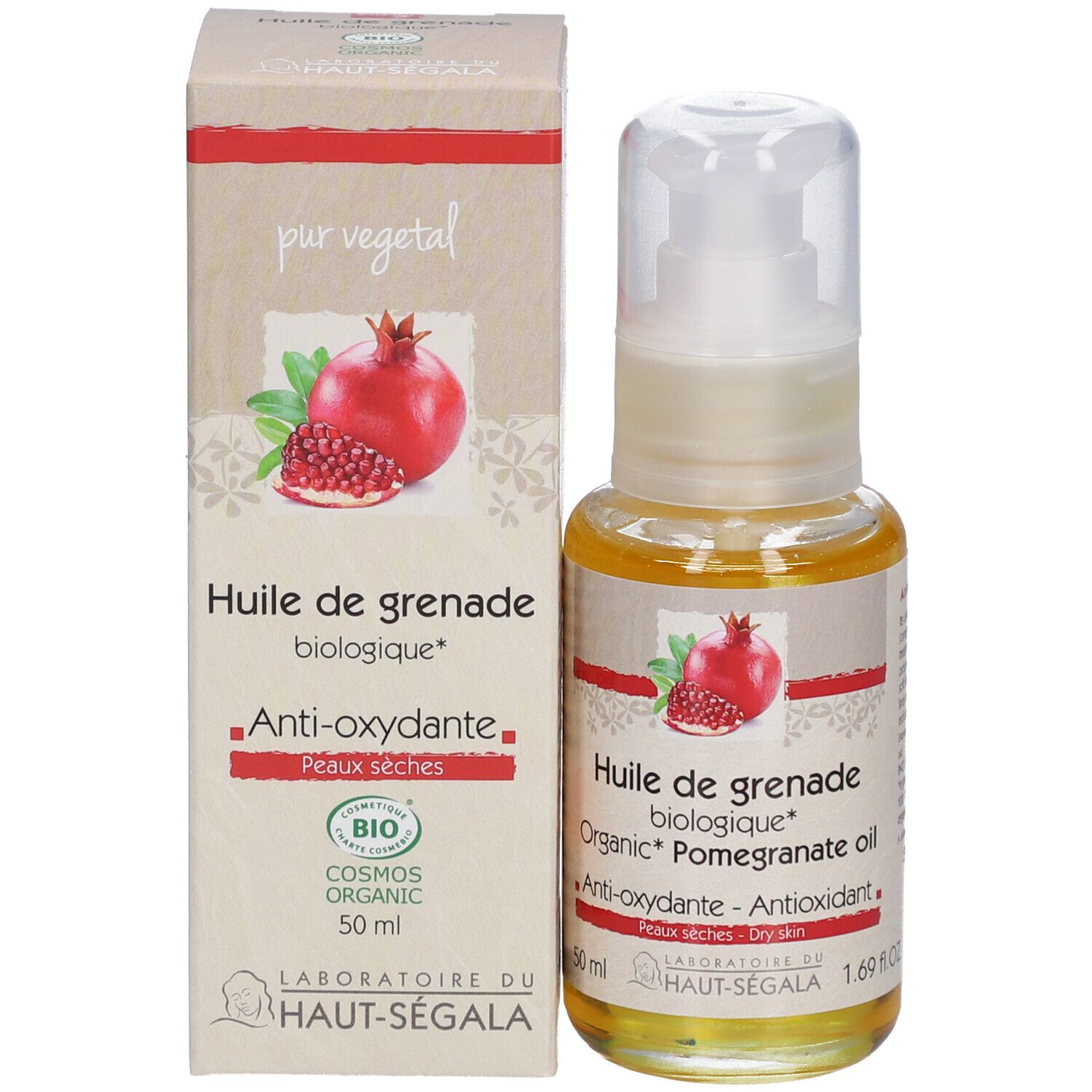Fles en verpakking granaatappelolie. Opschrift: Huile de grenade biologique, Anti-oxydante, Peaux sèches. Bio-label.