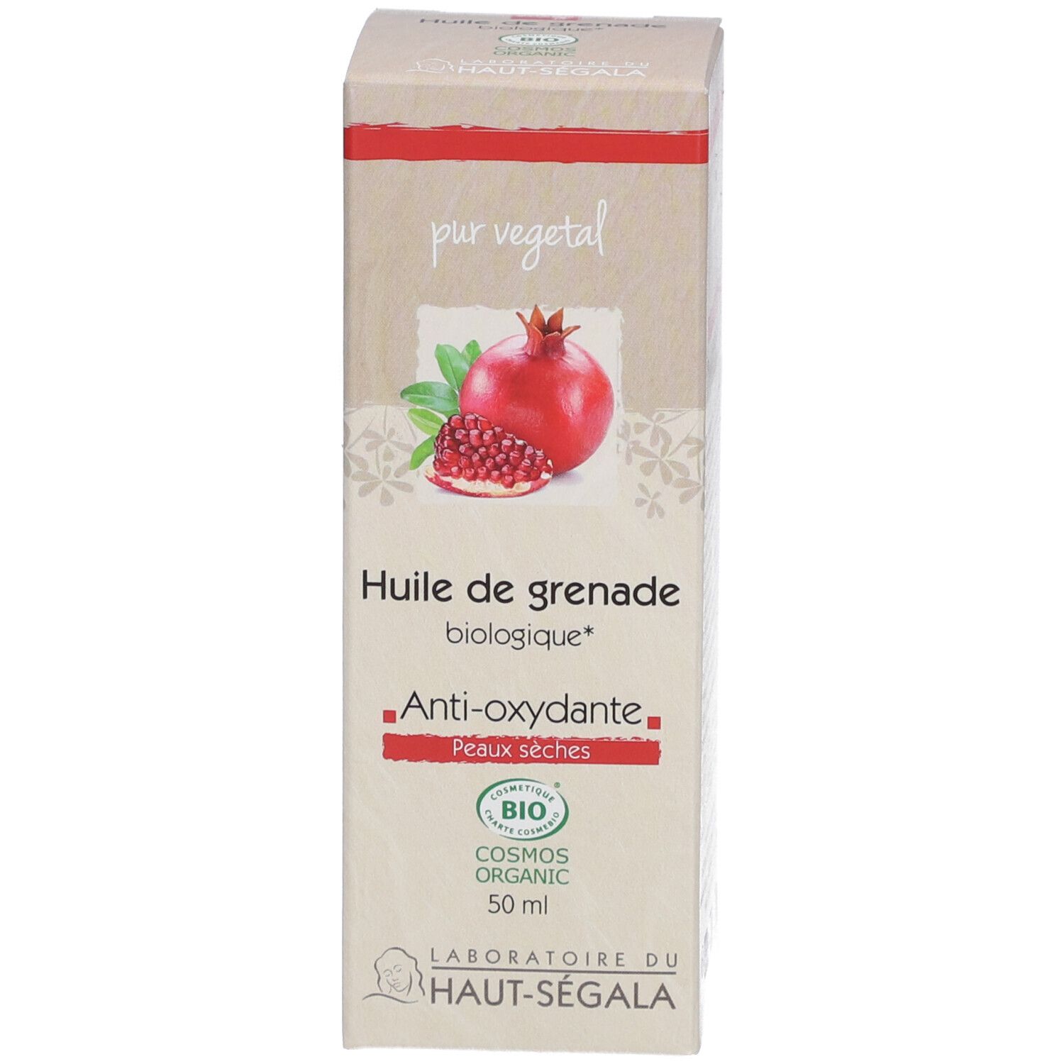 Verpakking granaatappelolie. Opschrift: Huile de grenade biologique, Anti-oxydante, Peaux sèches. Bio-label.