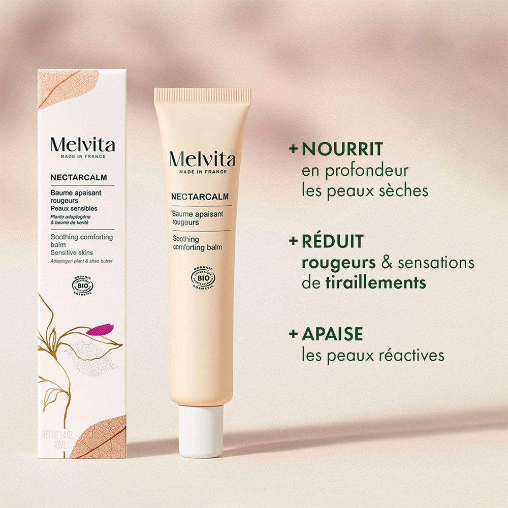 Melvita NectarCalm Balsem en verpakking. Tekst over voeding, vermindering roodheid en kalmering.