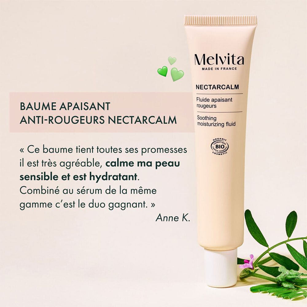 Tube avec texte: Melvita, NectarCalm, Baume apaisant rougeurs, Soothing moisturizing fluid. Certification Bio. Citation.