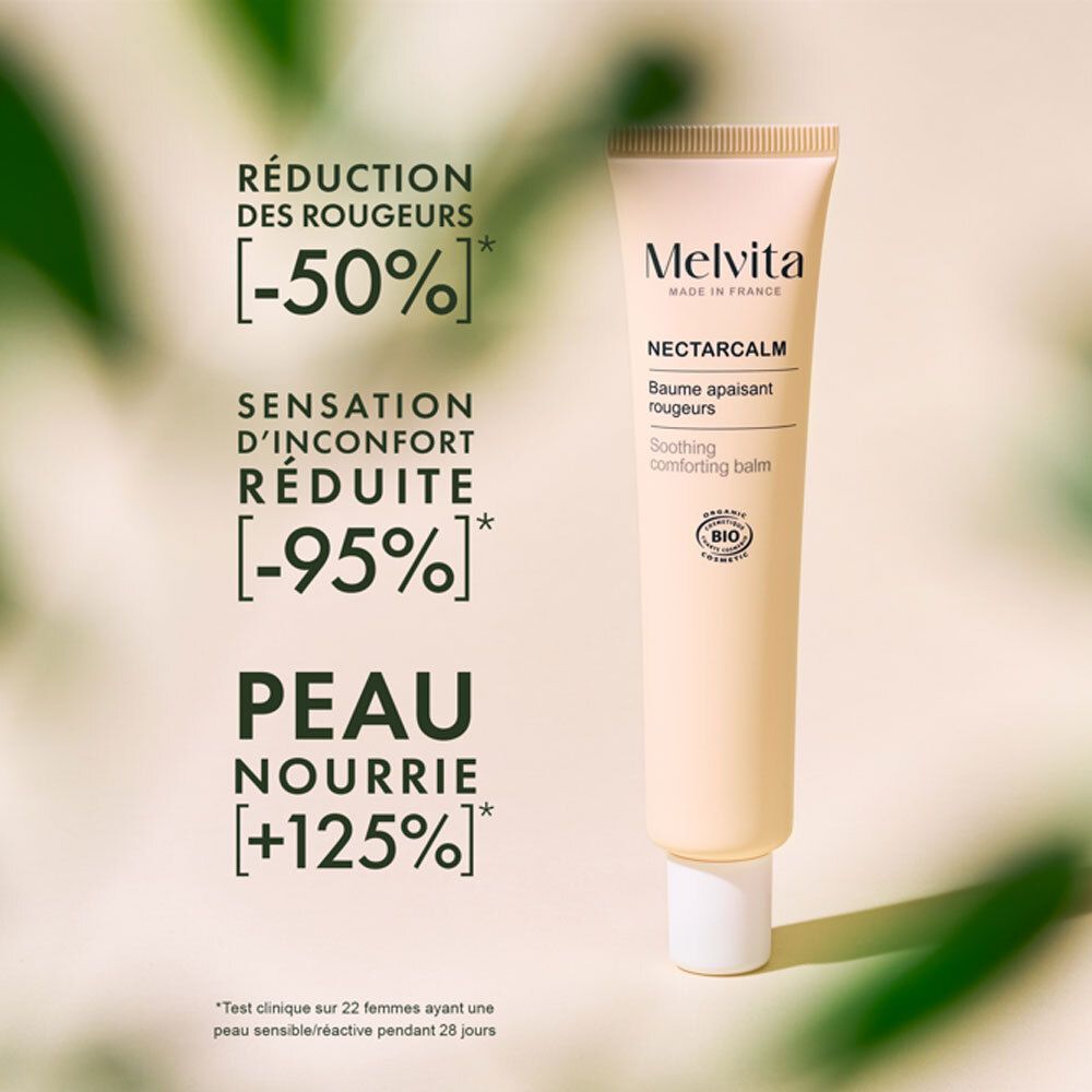Melvita NectarCalm Balsem. Percentages voor roodheidvermindering (-50%), comfortverhoging (-95%) en huidvoeding (+125%).