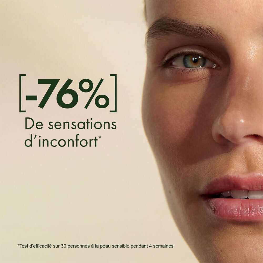 Visage d'une femme. Texte: -76% De sensations d'inconfort. Fond jaunâtre. Testé sur peau sensible.