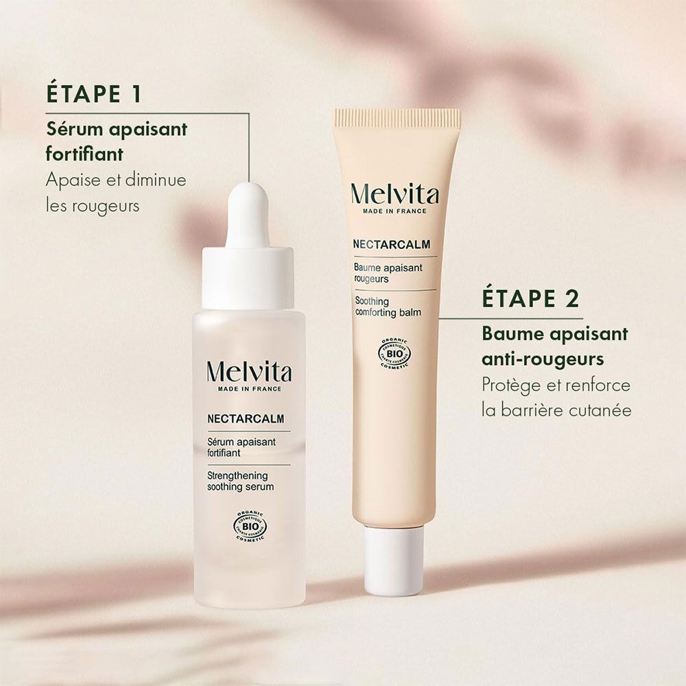 Deux produits: sérum et baume. Melvita NectarCalm. Texte: Sérum apaisant fortifiant. Baume apaisant anti-rougeurs. Certification Bio.