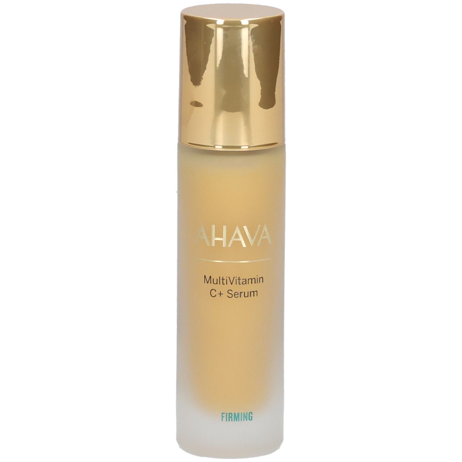 Ahava Multivitamin C+ Serum. Fles met gouden dop. Opschrift: AHAVA, Multivitamin C+ Serum, Firming.