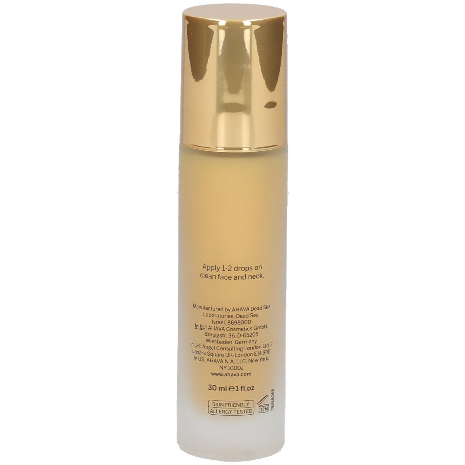 Ahava Multivitamin C+ Serum. Achterkant van de fles. Tekst met gebruiksaanwijzing en fabrikantgegevens.