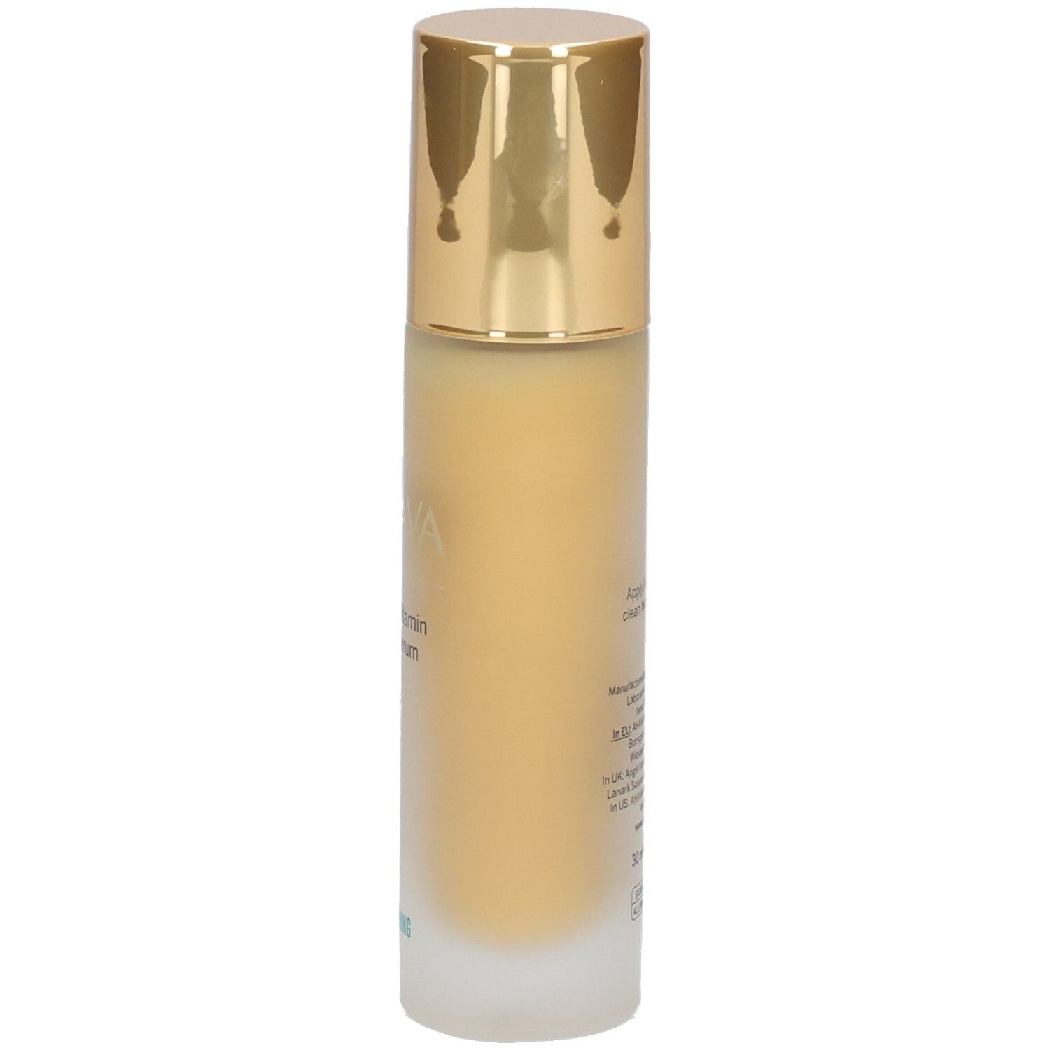 Ahava Multivitamin C+ Serum. Fles met gouden dop. Opschrift: AHAVA, Multivitamin C+ Serum, Firming.