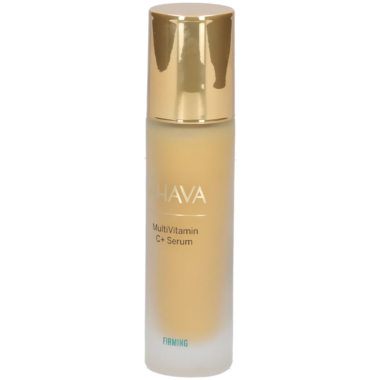 Ahava Multivitamin C+ Serum. Fles met gouden dop. Opschrift: AHAVA, Multivitamin C+ Serum, Firming.