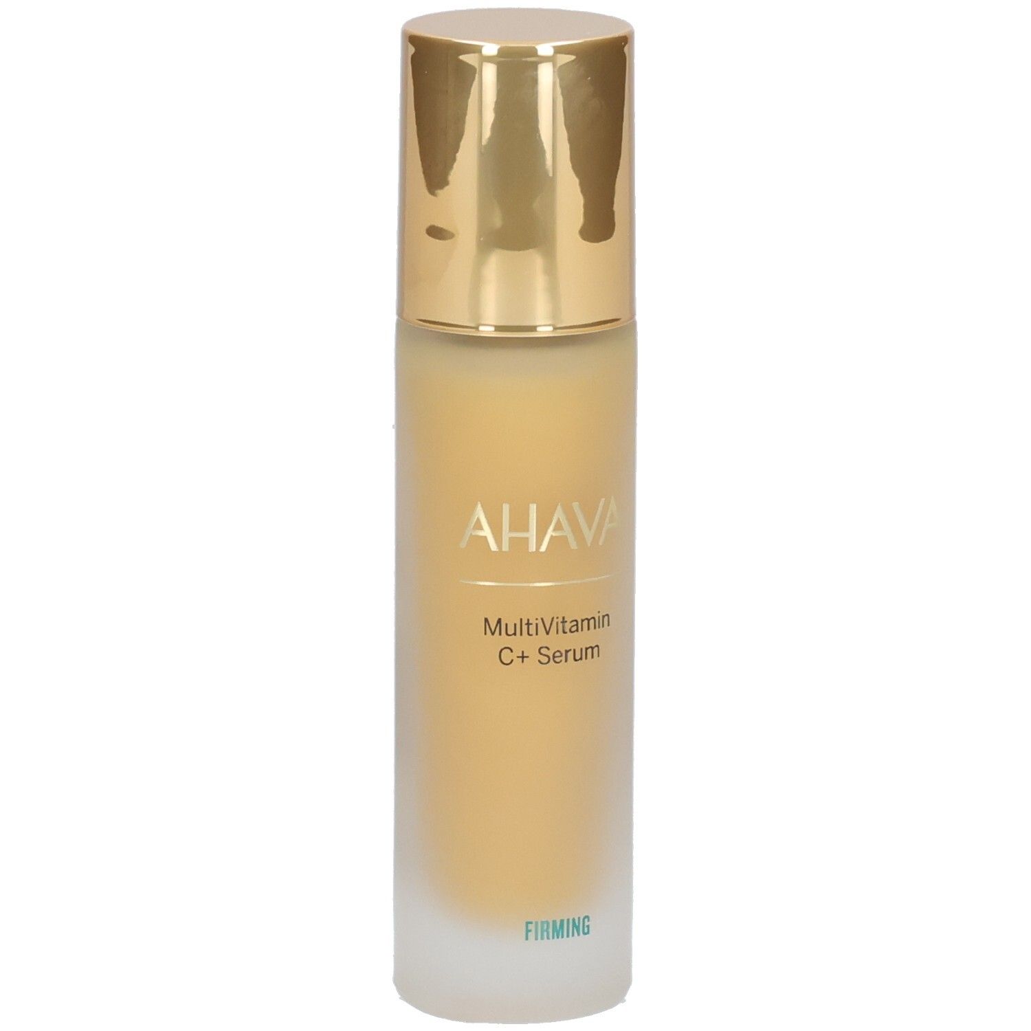 Ahava Multivitamin C+ Serum. Fles en verpakking. Opschrift: AHAVA, Multivitamin C+ Serum, Firming.