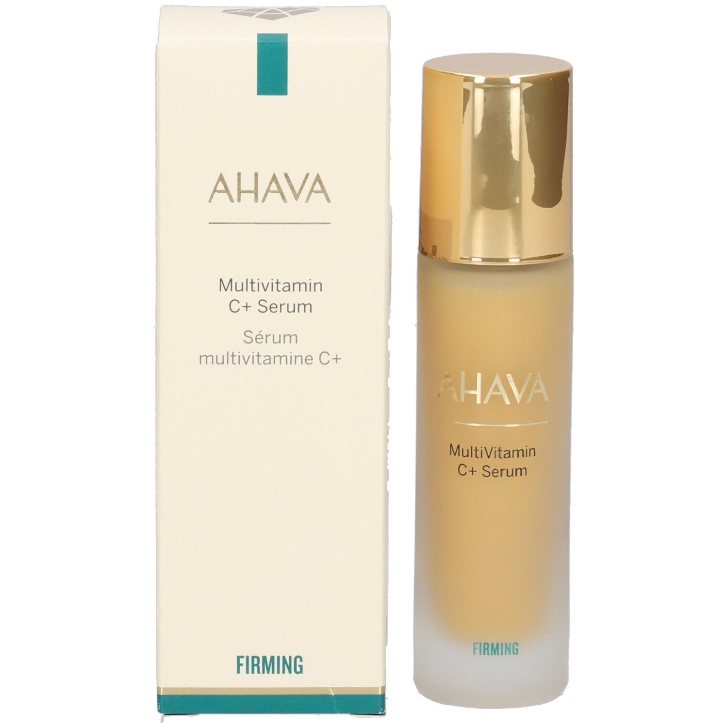 Ahava Multivitamin C+ Serum. Verpakking. Opschrift: AHAVA, Multivitamin C+ Serum, Firming.