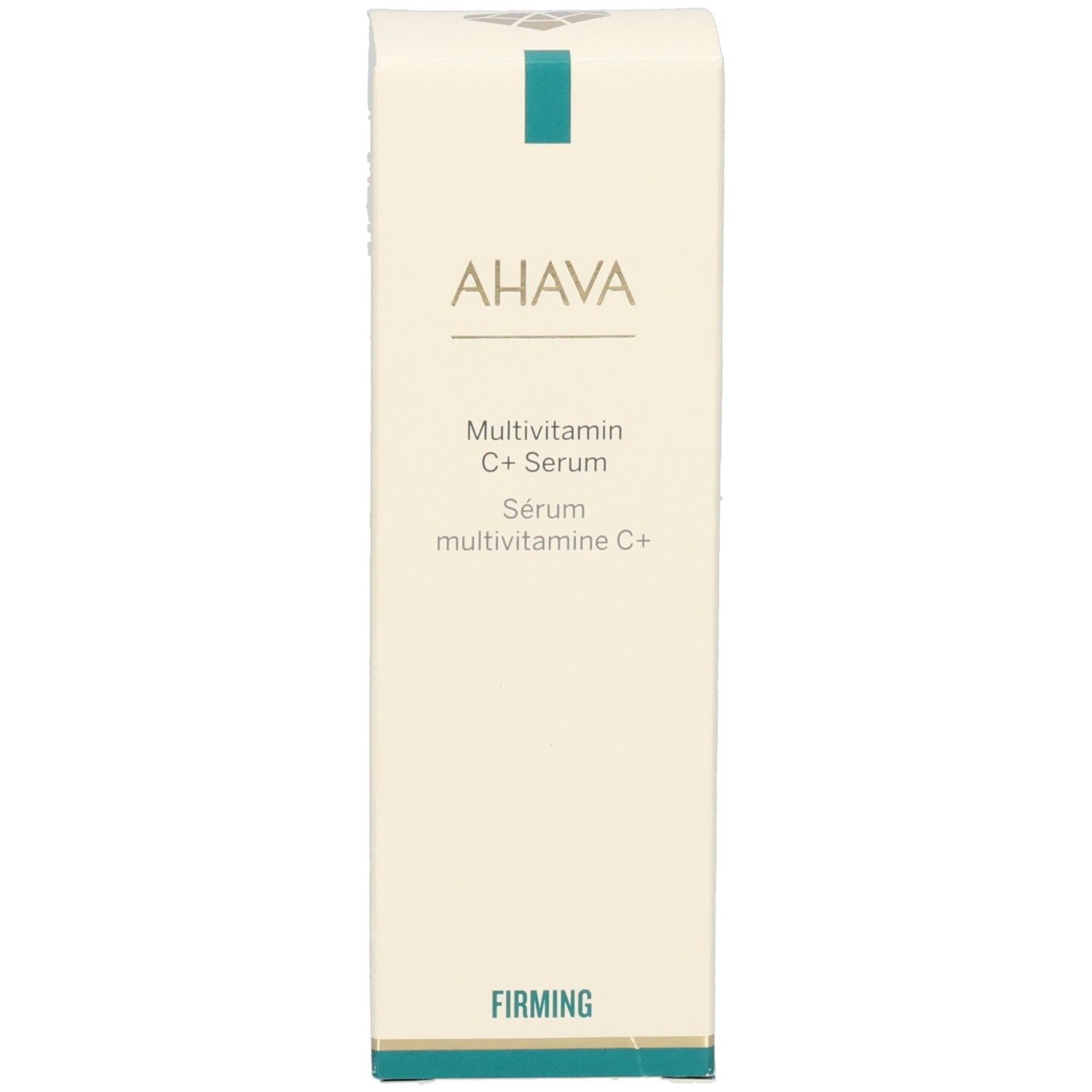 Ahava Multivitamin C+ Serum. Verpakking. Opschrift: AHAVA, Multivitamin C+ Serum, Firming.
