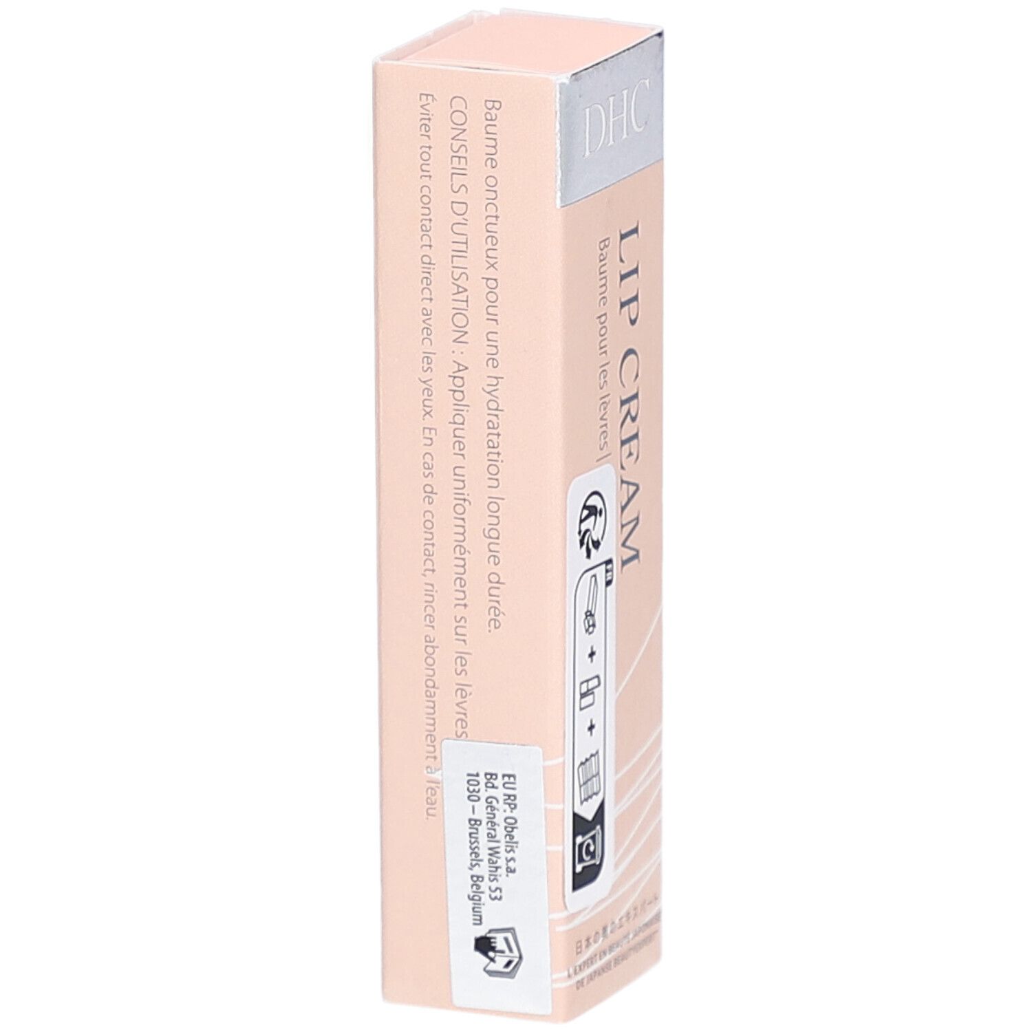 Emballage DHC Lip Cream. Design rose et blanc avec nom et logo du produit. Contient des instructions et des coordonnées.