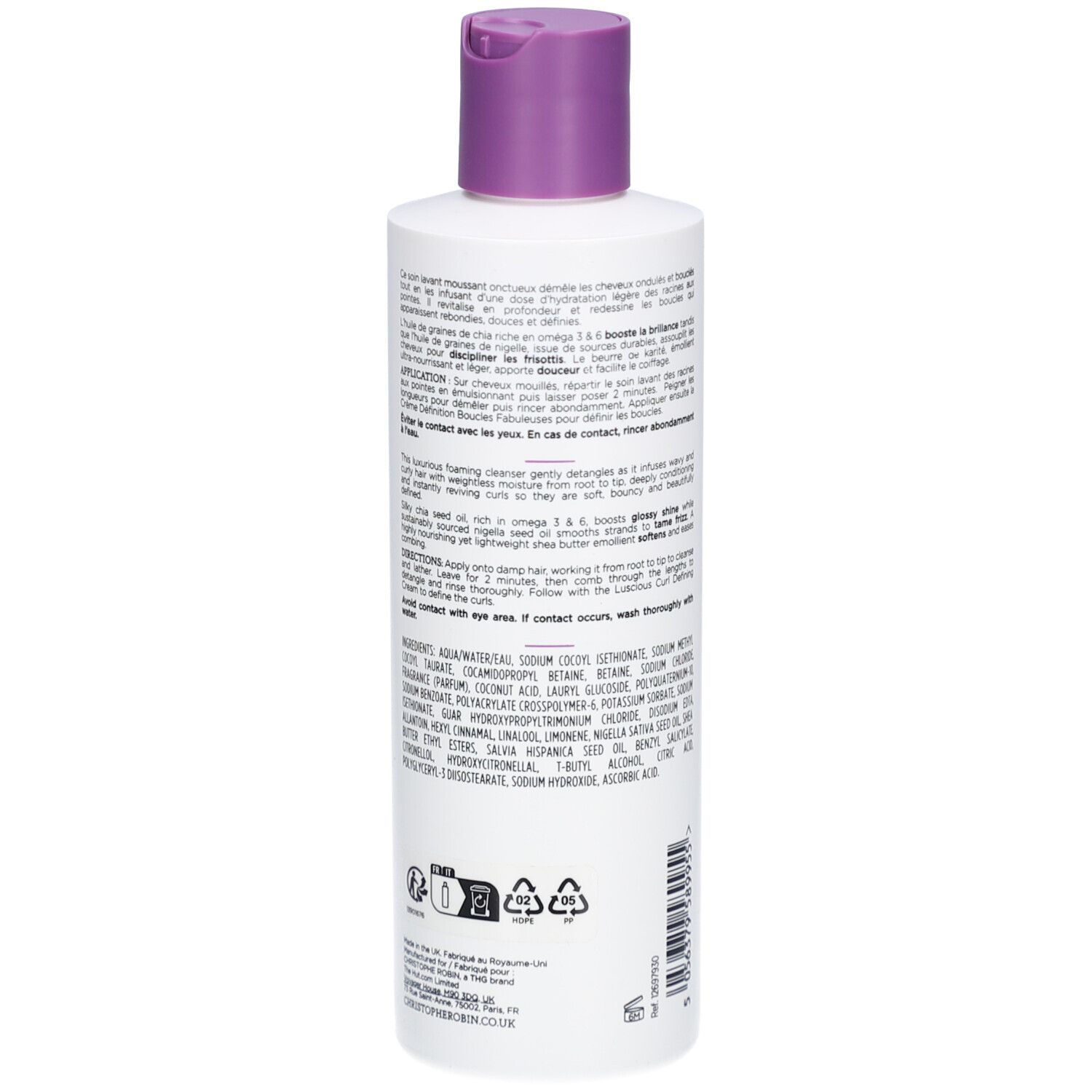 Dos d'un flacon blanc avec bouchon violet. Texte et ingrédients visibles.