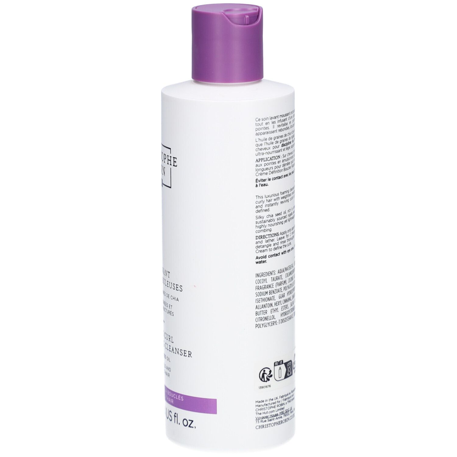 Dos d'un flacon blanc avec bouchon violet. Texte et ingrédients visibles.