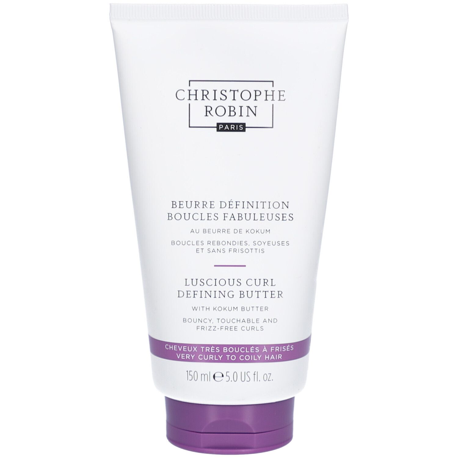 Witte en paarse tube. Tekst: Christophe Robin, Beurre Definition Boucles Fabuleuses, Luscious Curl Defining Butter. Voor krullend haar.