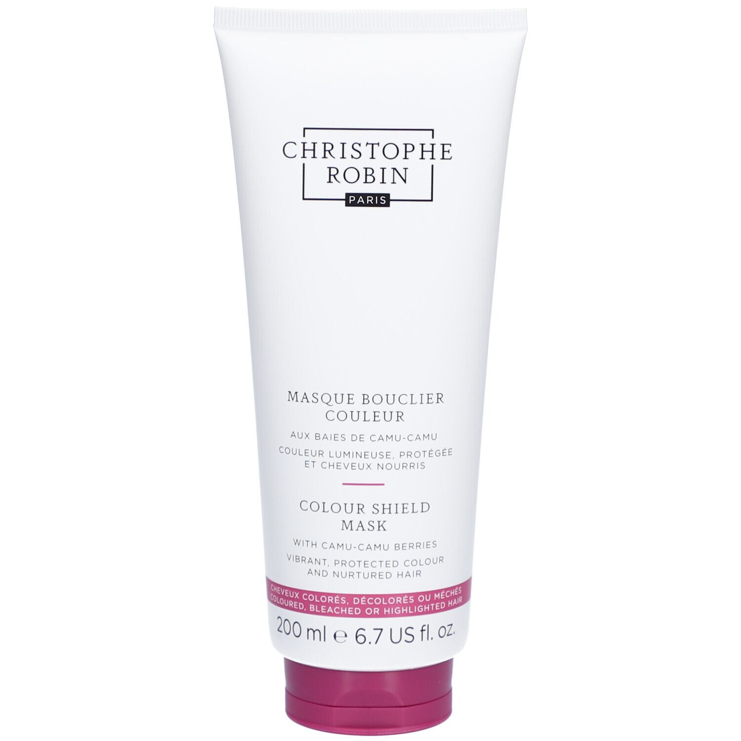 Witte tube met productnaam en logo. Tekst: Masque Bouclier Couleur, Colour Shield Mask. Roze dop.