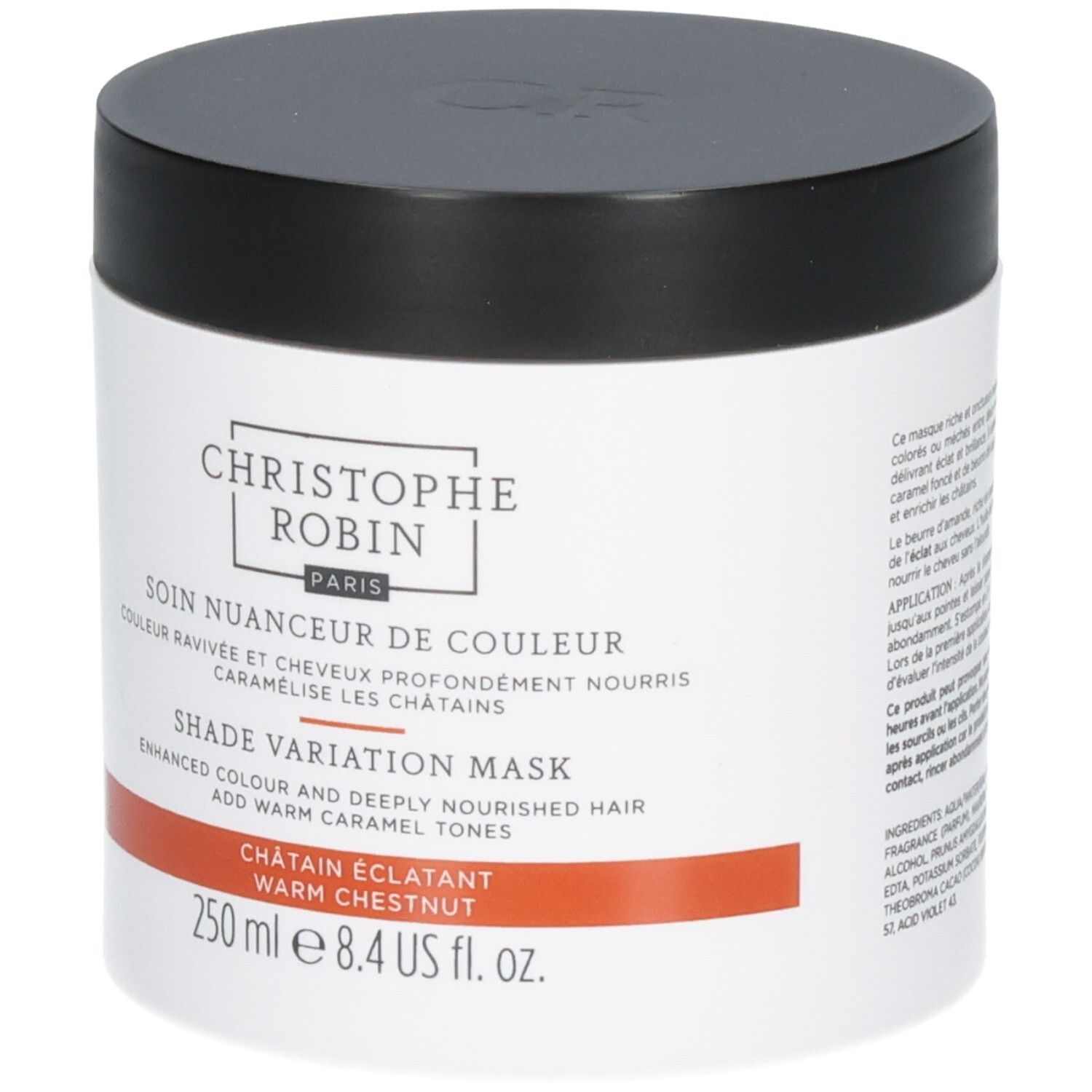 Witte pot met zwarte deksel. Tekst in wit en oranje. 250 ml. Merk zichtbaar.