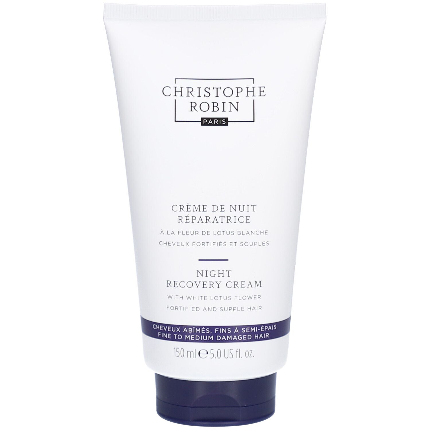 Witte tube met blauwe dop. Opschrift: CHRISTOPHE ROBIN PARIS, CRÈME DE NUIT RÉPARATRICE, NIGHT RECOVERY CREAM. Voor beschadigd haar.
