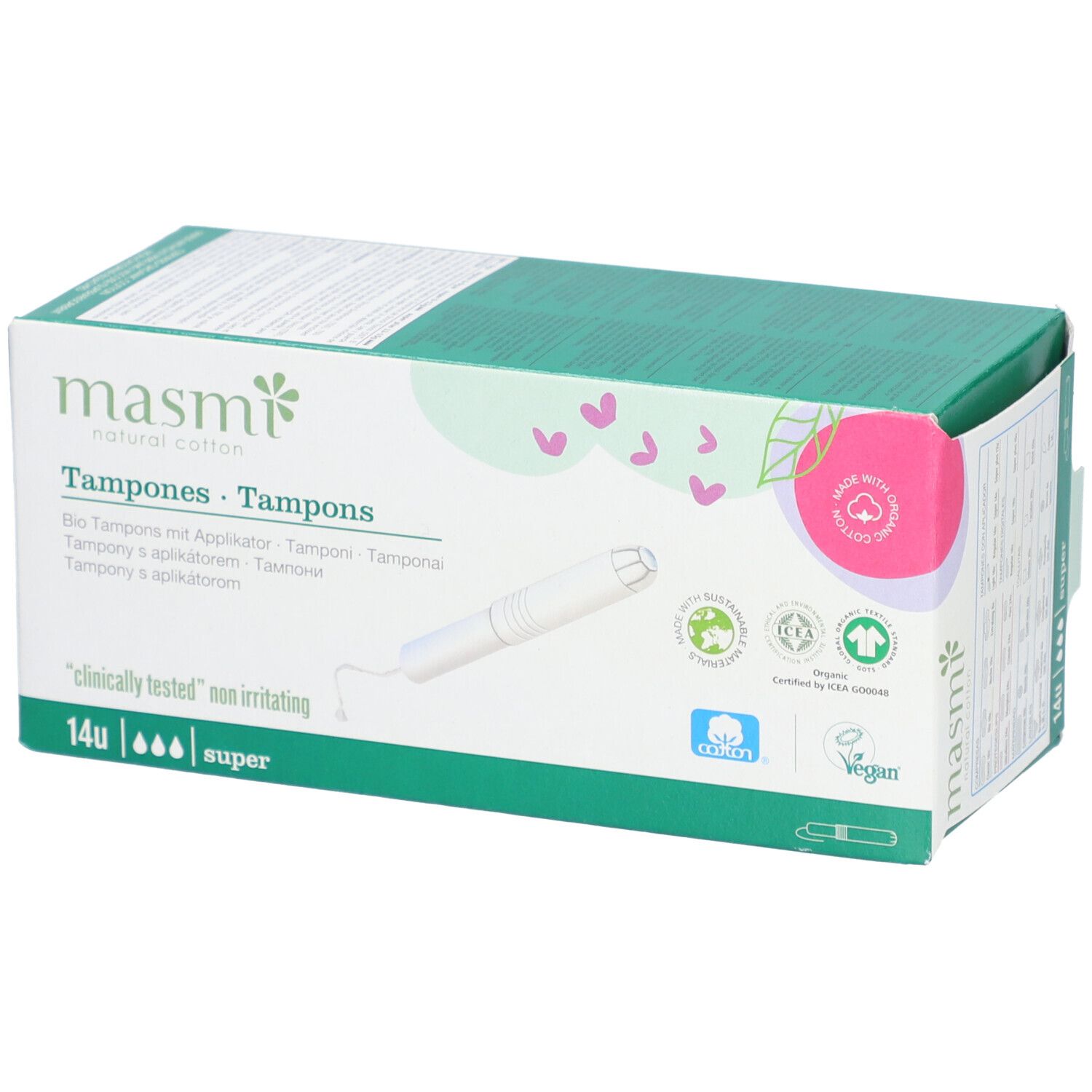 Masmi Super tampons verpakking. Groen-witte doos met productafbeelding en logo's. Bevat 14 stuks.