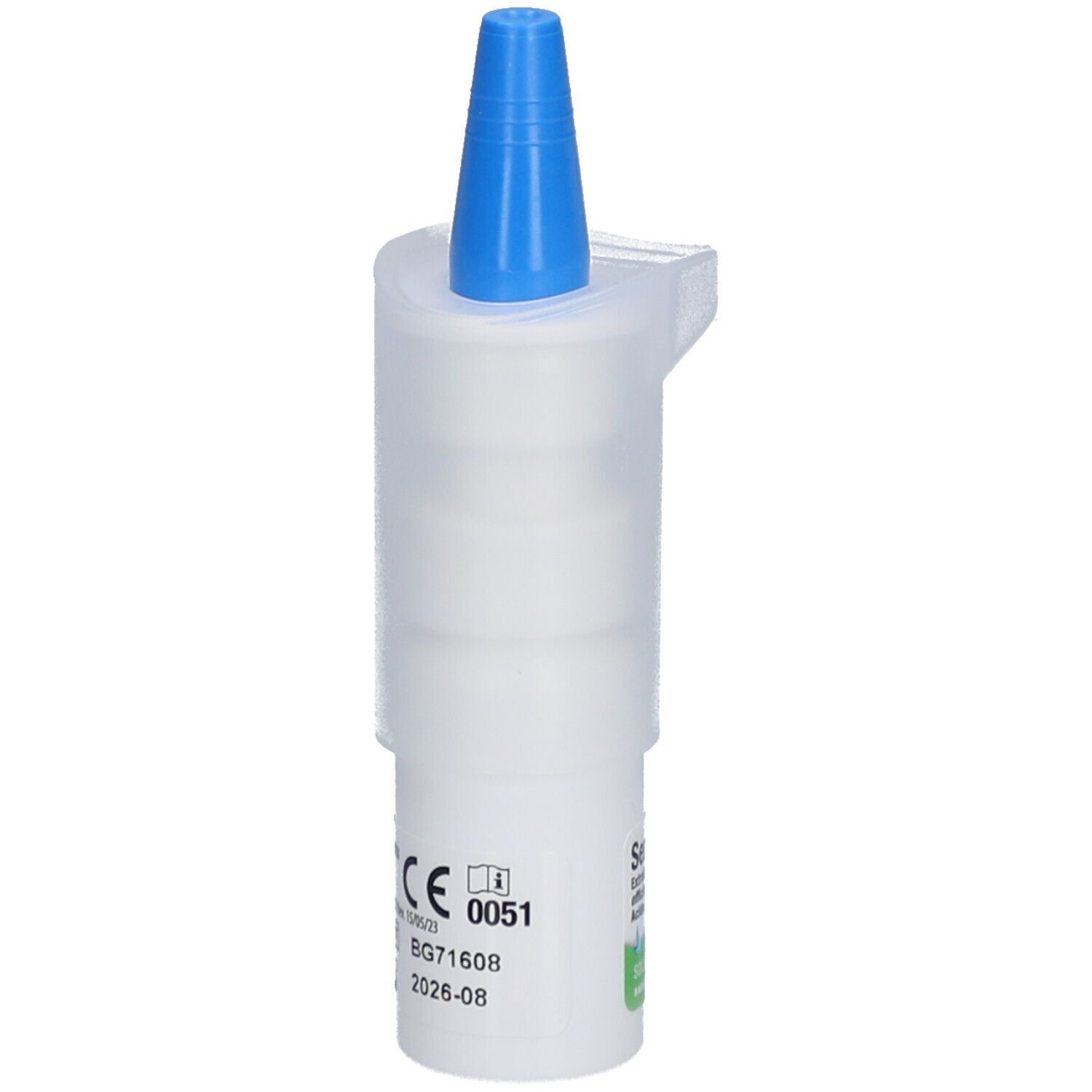 Unidoses de collyre. Flacon blanc avec bouchon bleu. Inscription : CE, BG7160B, 2026-08. Autres informations sur le flacon.