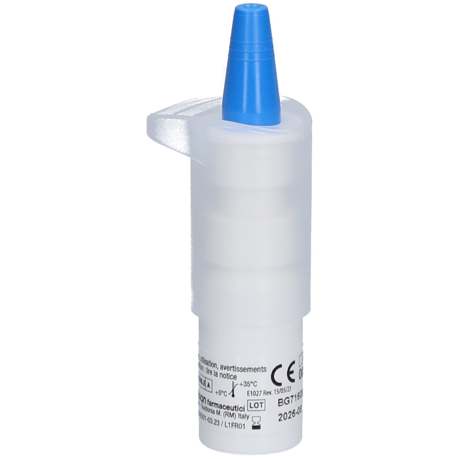 Unidoses de collyre. Flacon blanc avec bouchon bleu. Inscription : CE, BG7160B, 2026-08. Autres informations sur le flacon.